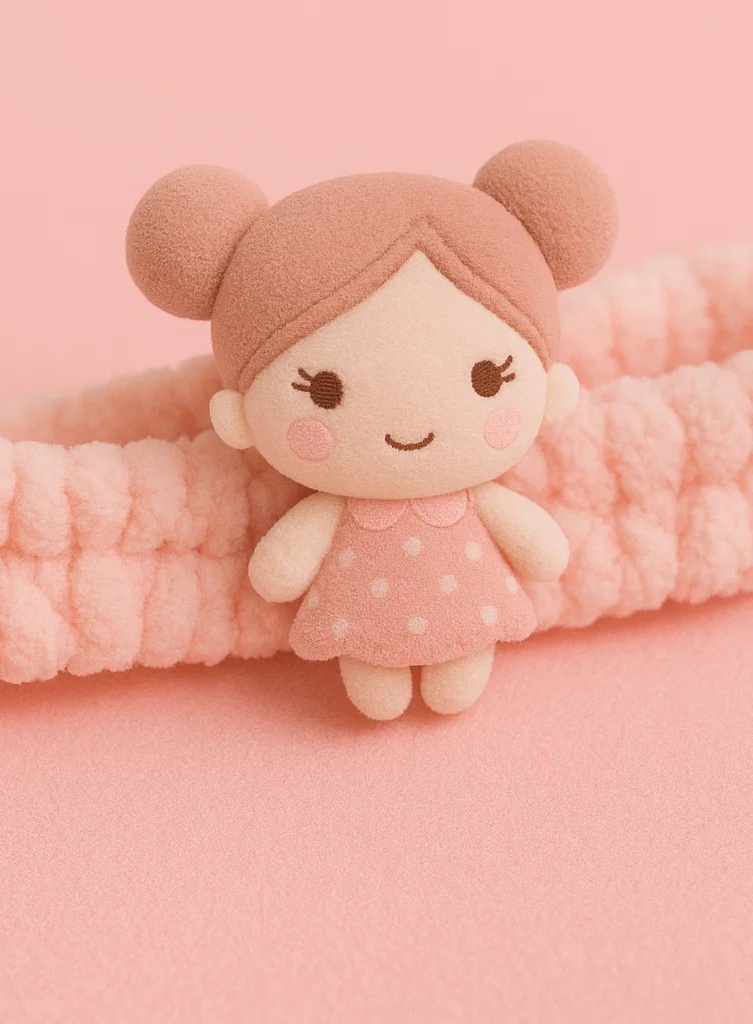 Soft Plush Baby Headband with Cute Girl Doll Decoration - Pink